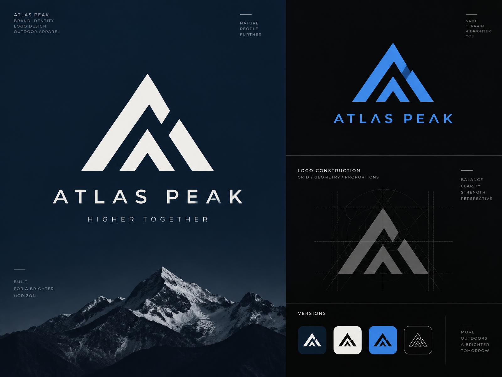 Atlas Peak mountain logo shown in white on navy, blue on black, with construction grid
