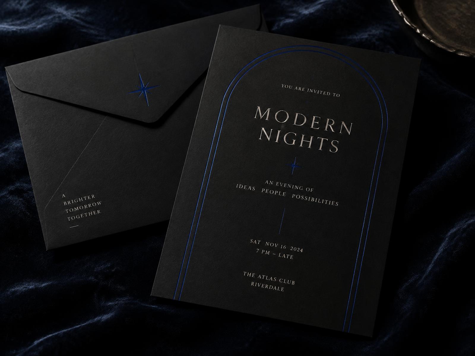 Modern Nights black invitation card with arch border and matching envelope