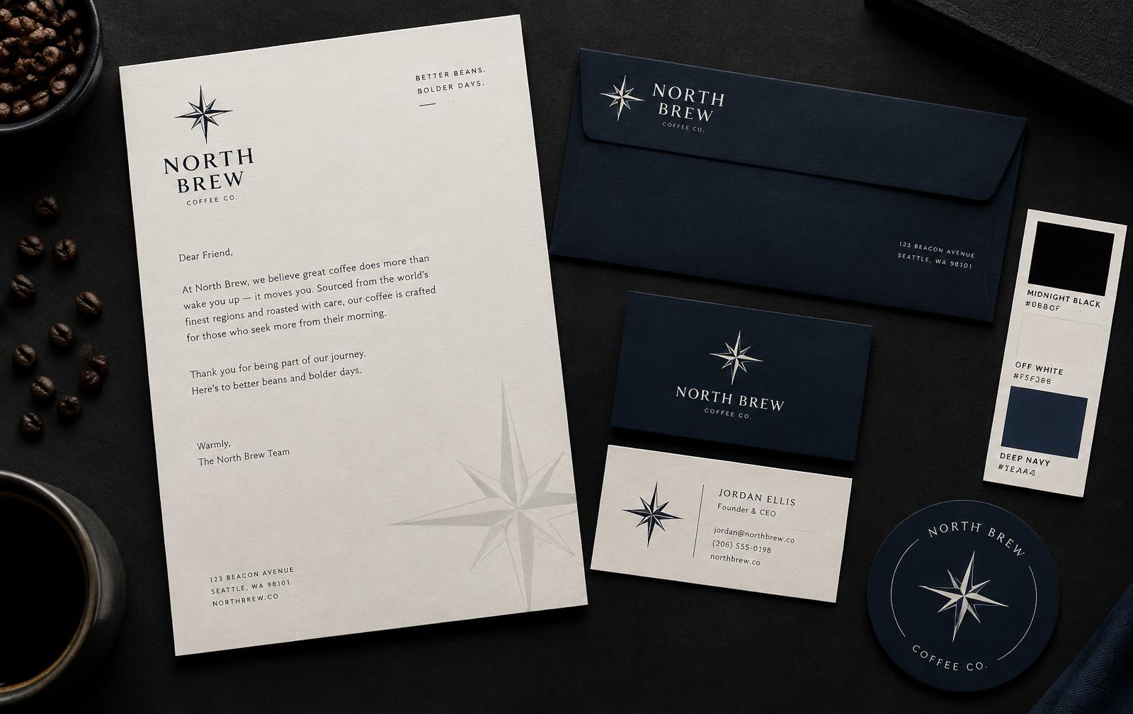 North Brew letterhead, envelope, business cards and colour swatches