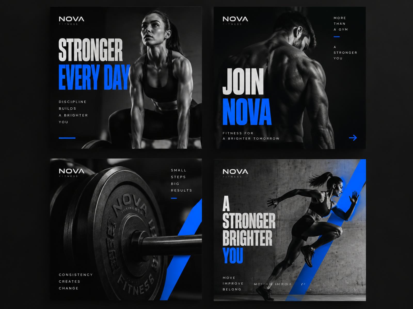Four Nova Fitness Instagram posts with bold headlines and black-and-white athletes