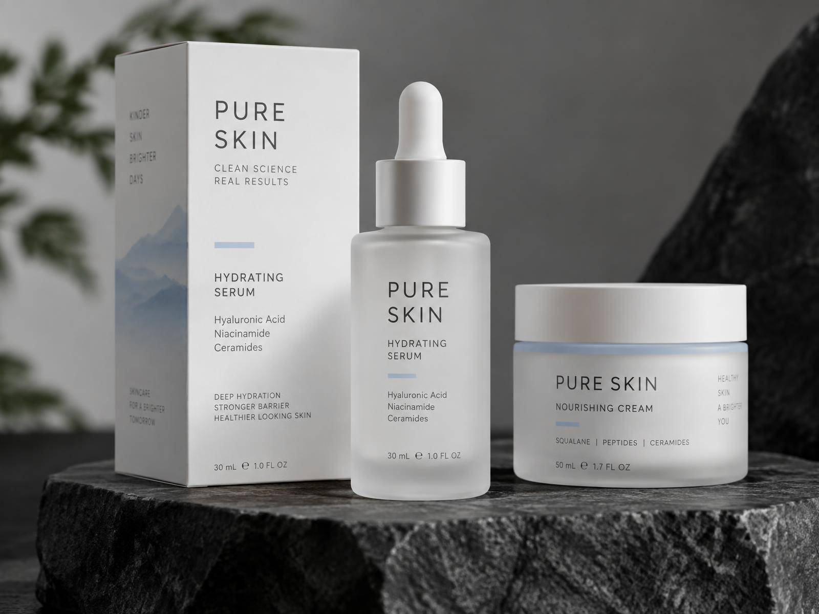 Pure Skin serum box, frosted dropper bottle and cream jar on dark stone