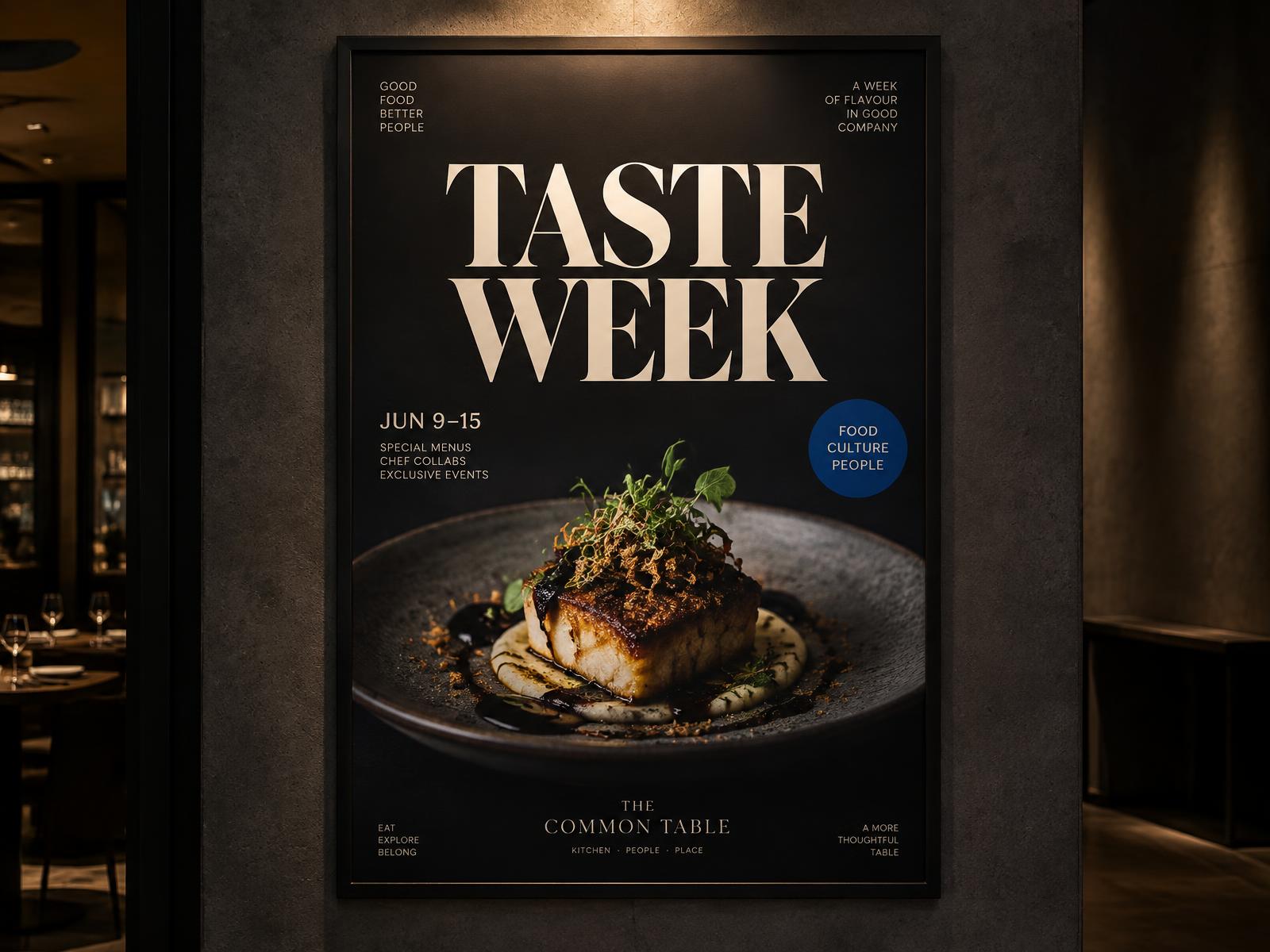 Taste Week poster with large serif headline and plated dish, framed on a dark wall