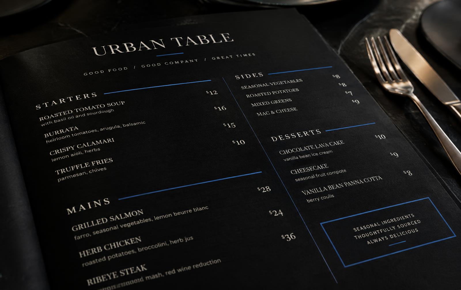 Close-up of the Urban Table menu page layout