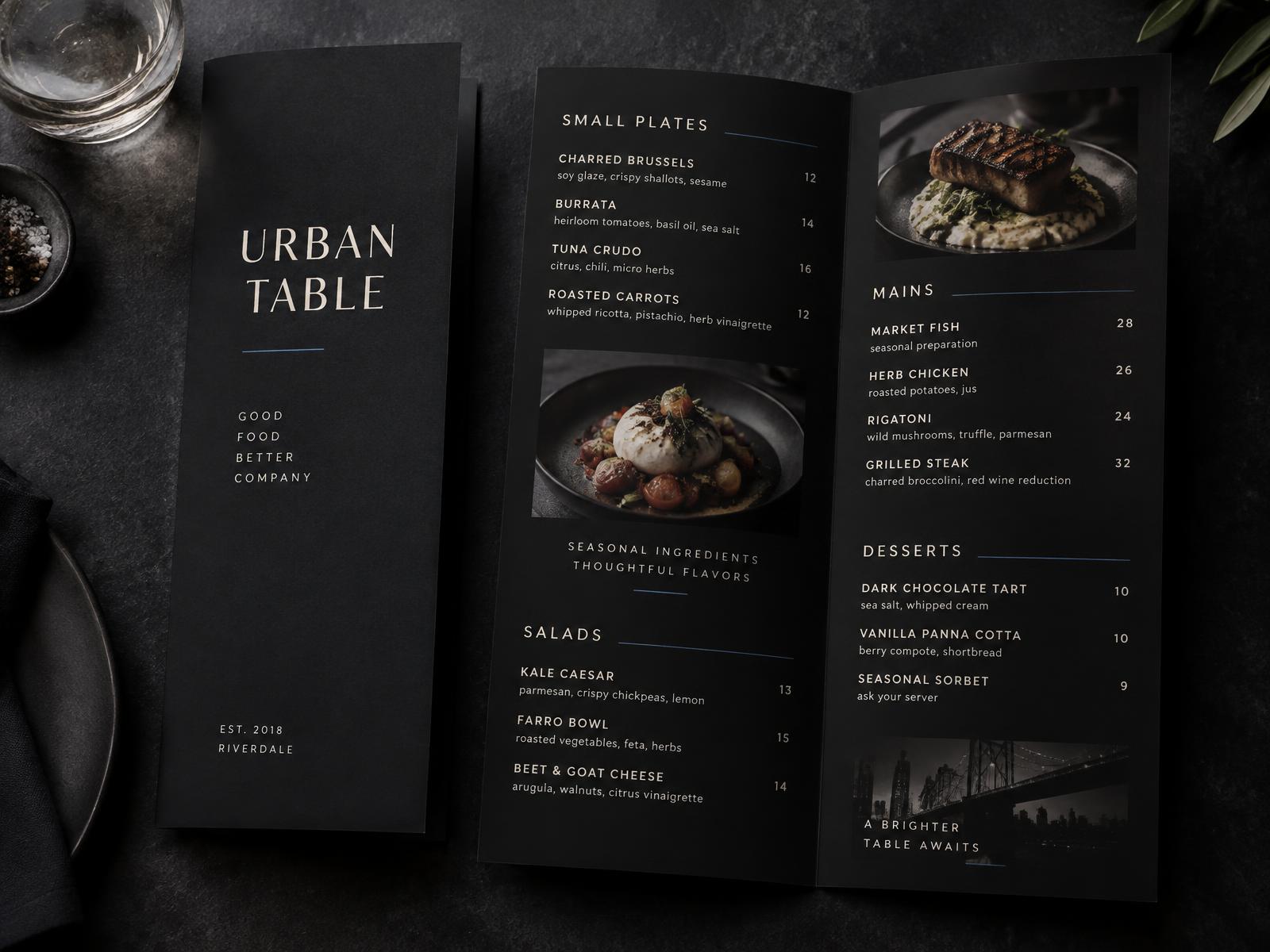 Urban Table folded black menu with dish listings and food photography