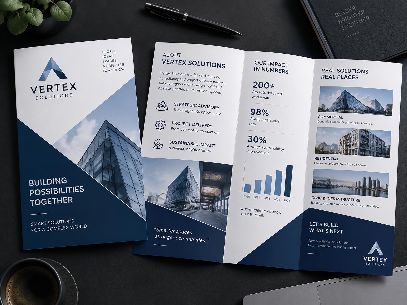 Vertex Solutions brochure cover and open inside pages in white and navy